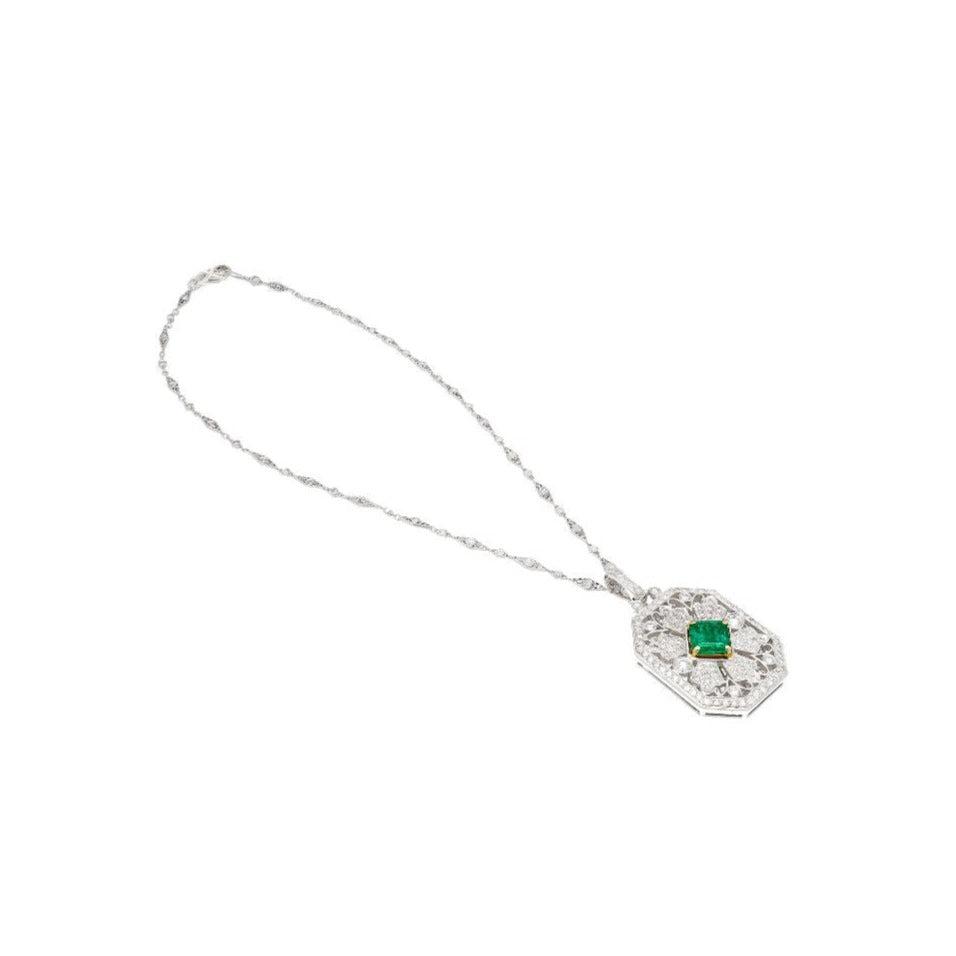 Vintage Carved Platinum 3.16 Carat Vivid Green Minor Oil Emerald Pendant with 4 CTTW in Diamonds-Necklace-ASSAY