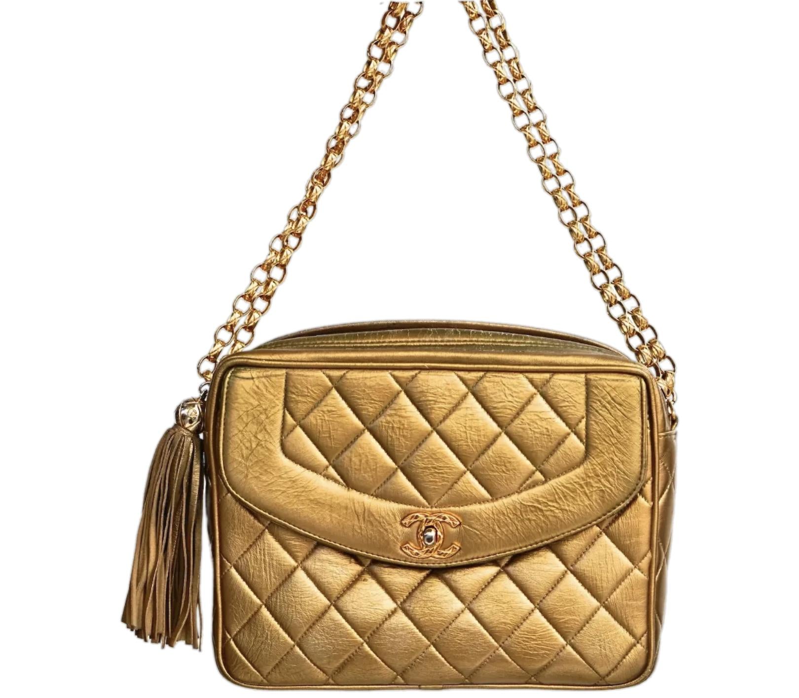 Vintage Chanel Quilted Bronze Lambskin Charm CC 24K Tassel 1992 Handbag Purse
