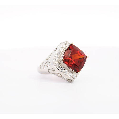 Vintage GIA Certified Orange Spessartine Garnet & Diamond 18K White Gold Ring