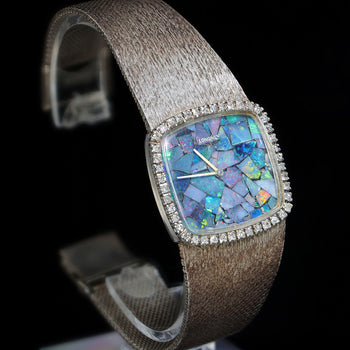 Vintage Longines Opal Mosaic Dial 34mm Diamond Bezel 18K White Gold Watch – Assay Jewelers