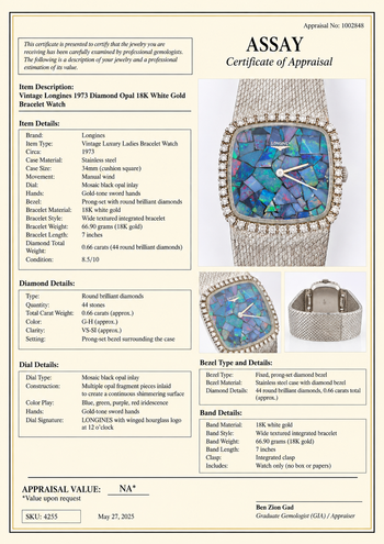 Vintage Longines Opal Mosaic Dial 34mm Diamond Bezel 18K White Gold Watch – Assay Jewelers