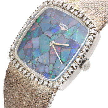 Vintage Longines Opal Mosaic Dial 34mm Diamond Bezel 18K White Gold Watch – Assay Jewelers