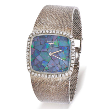 Vintage Longines Opal Mosaic Dial 34mm Diamond Bezel 18K White Gold Watch – Assay Jewelers