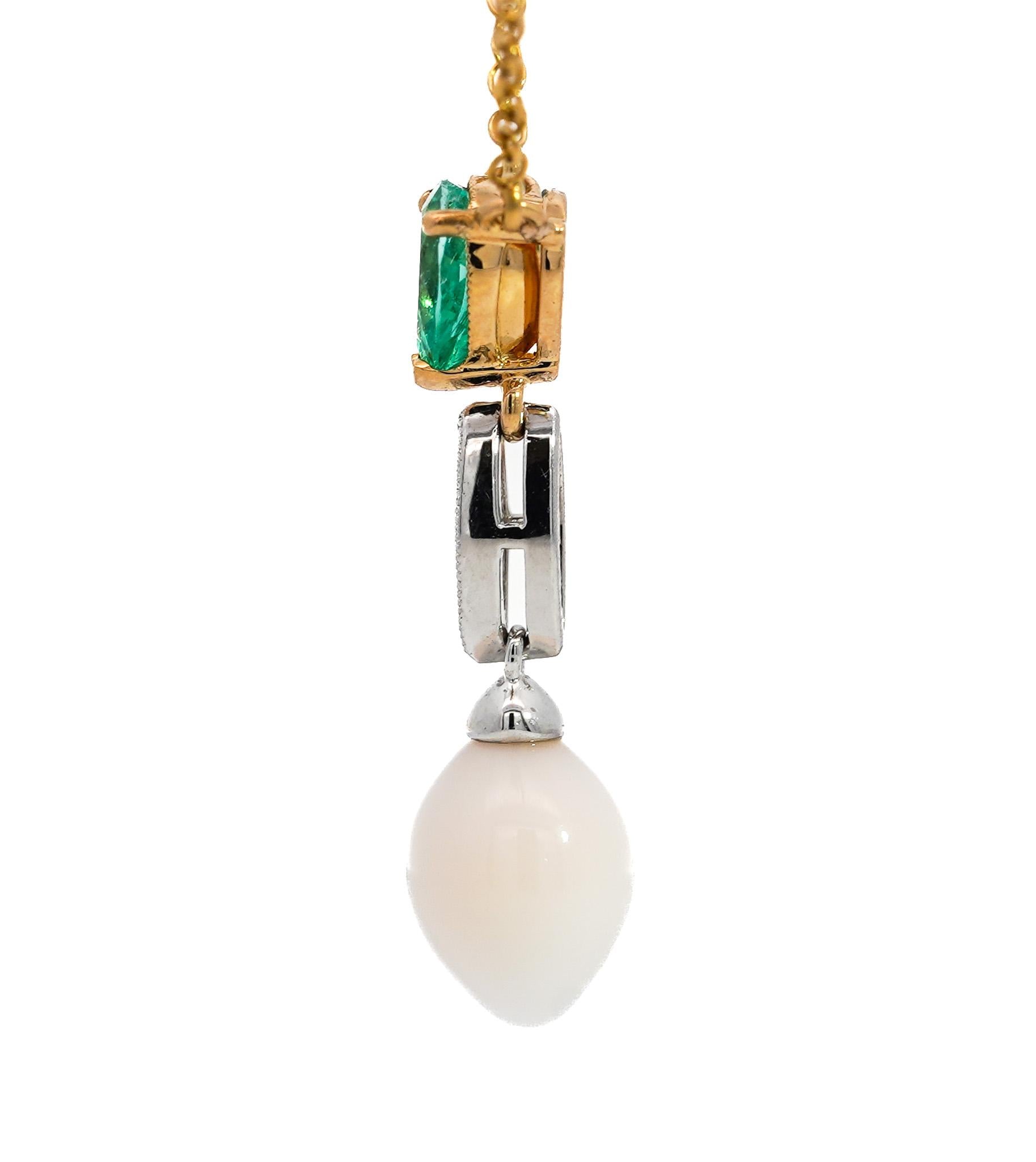 Vintage Natural Saltwater Conch Pearl & Emerald Drop 18K Gold Pendant Necklace