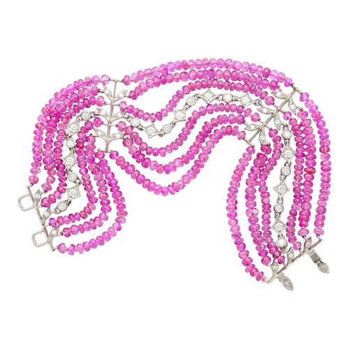 Vintage Platinum Diamond & Pink Sapphire Bead Bracelet