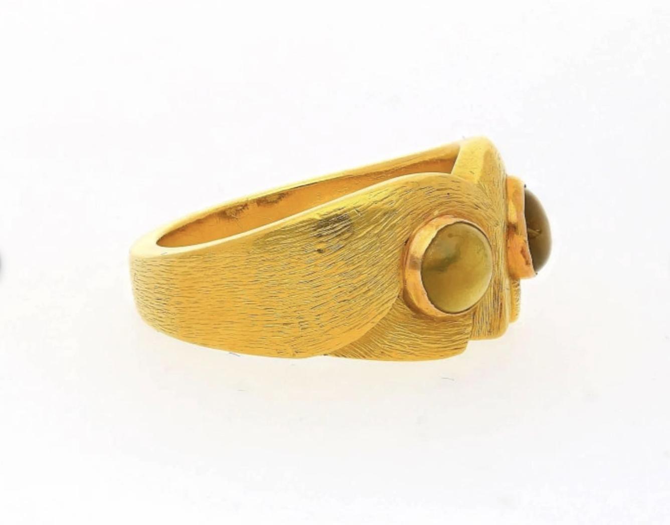 Vintage Potter & Mellen "Owl" Chrysoberyl Cats-Eye Men's Brushed 18k Gold Ring