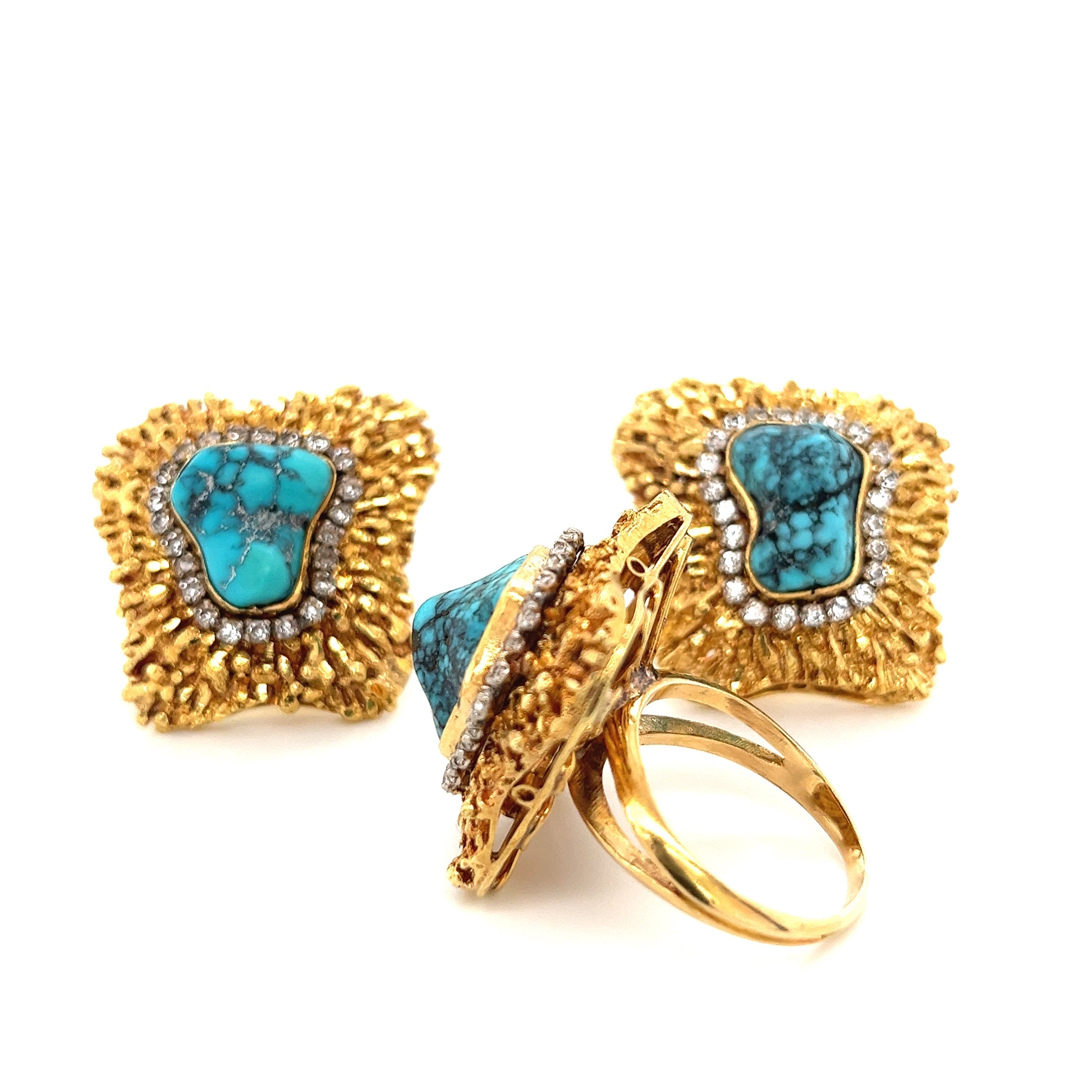 Vintage Raw Turquoise and Diamond Ring and Earring Set in 18k Gold-Assay Jewelers-ASSAY