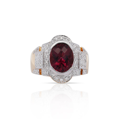 Vintage Retro Regal Style 5 Carat Red Tourmaline & Diamond Ring in 18K Gold