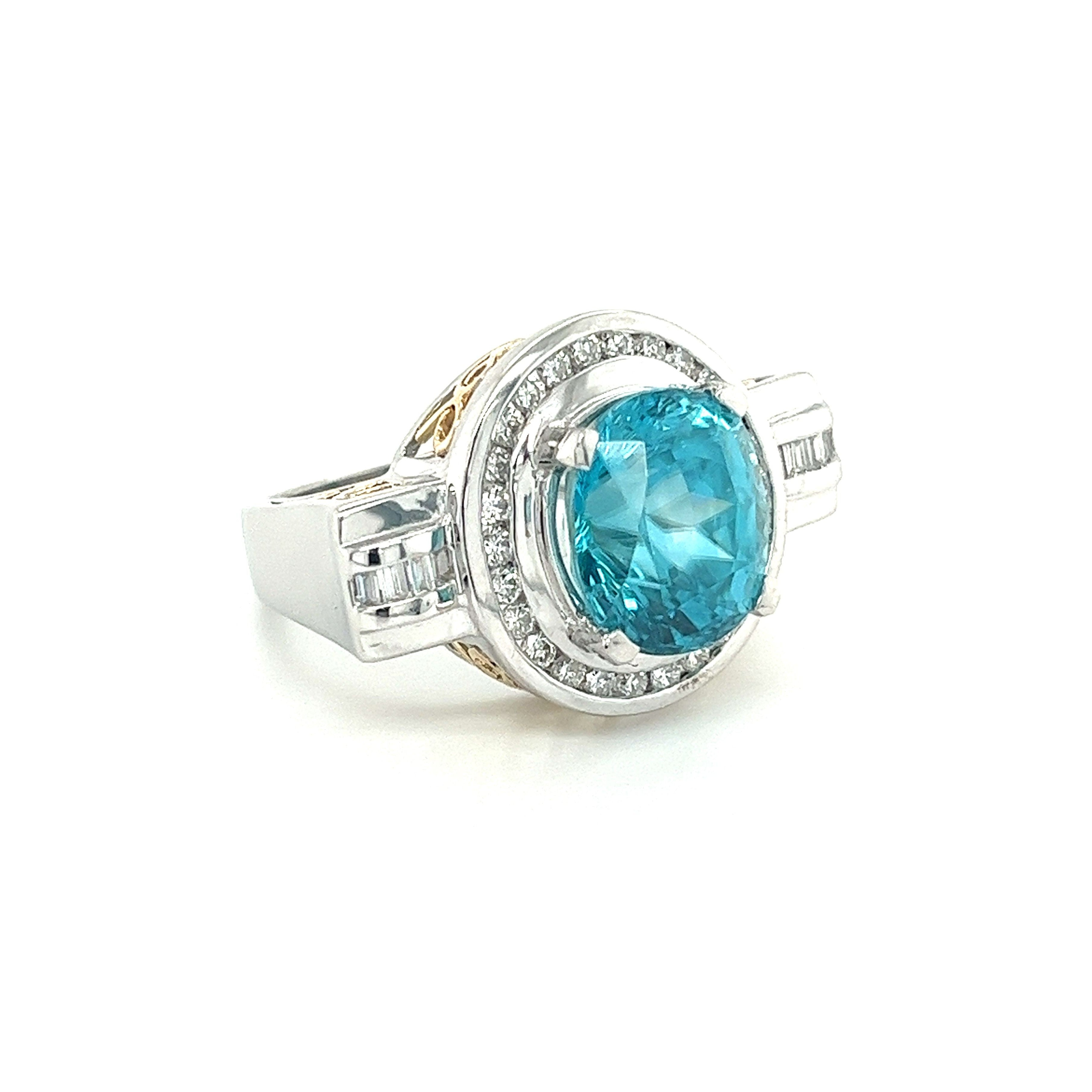 Vintage Retro Style 8 Carat Oval Cut Blue Zircon with Diamond Halo in Platinum & 18K Gold Filigree Set Ring