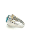 Vintage Retro Style 8 Carat Oval Cut Blue Zircon with Diamond Halo in Platinum & 18K Gold Filigree Set Ring