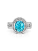 Vintage Retro Style 8 Carat Oval Cut Blue Zircon with Diamond Halo in Platinum & 18K Gold Filigree Set Ring