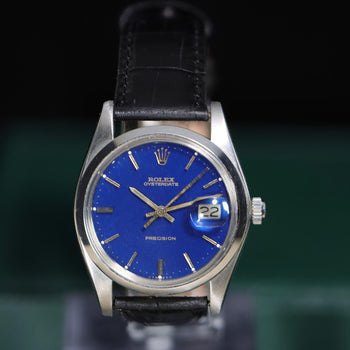 Vintage Rolex Oysterdate Precision 6694 Blue Dial Steel 1977 Leather Strap Watch – Assay Jewelers
