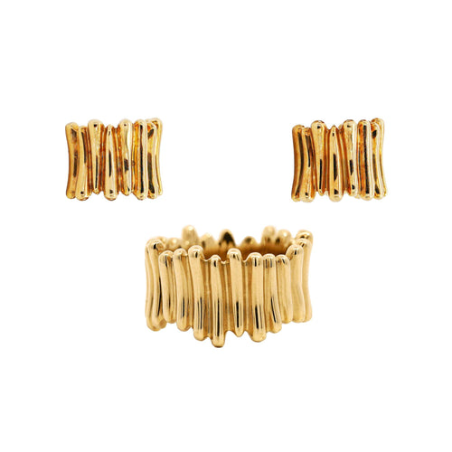 Vintage Tiffany & Co. Ribbed 18K Gold Ring & Earring Jewelry Set