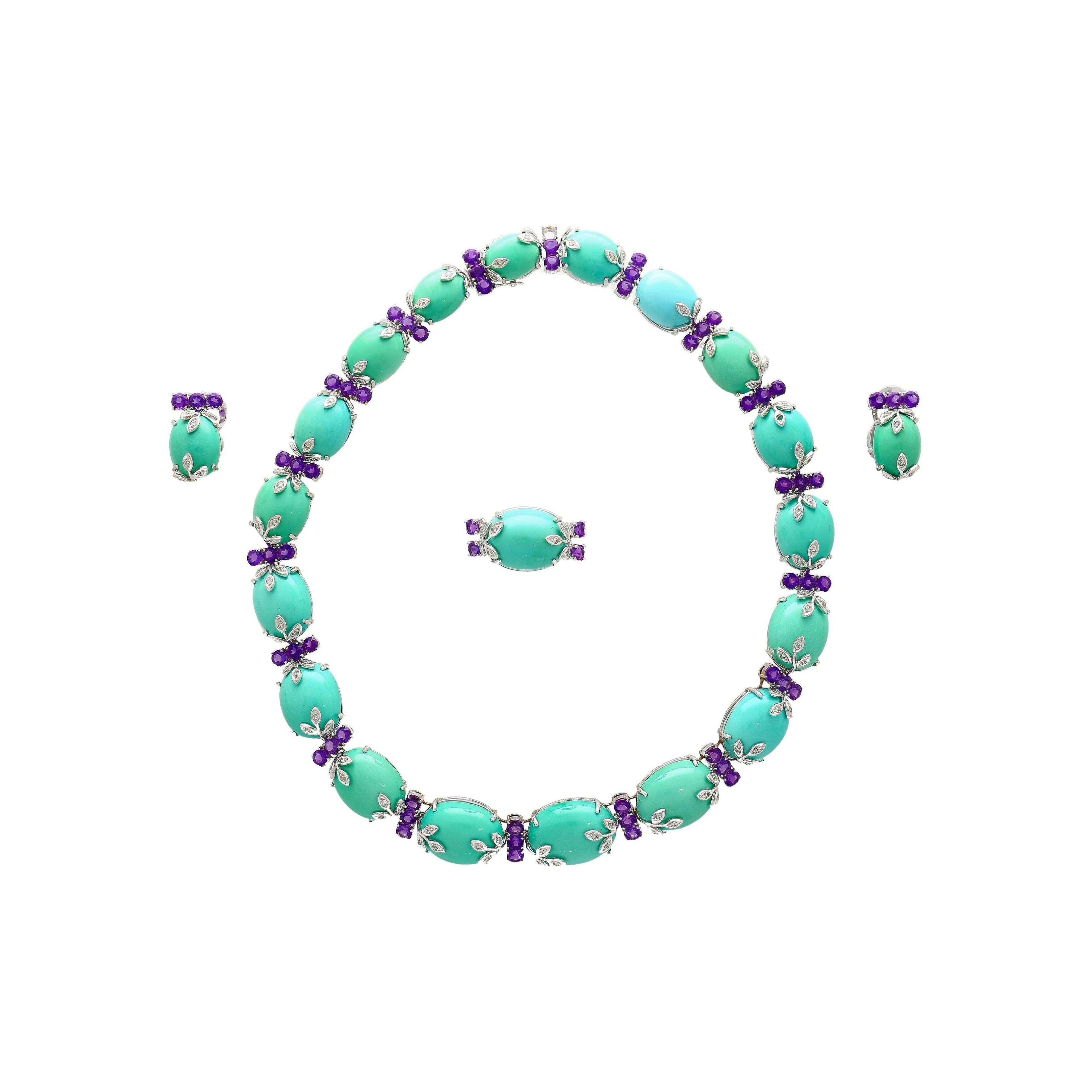 Vintage Turquoise, Amethyst and Diamond Ring, Earring, and Necklace Jewelry Set-Jewelery Sets-ASSAY