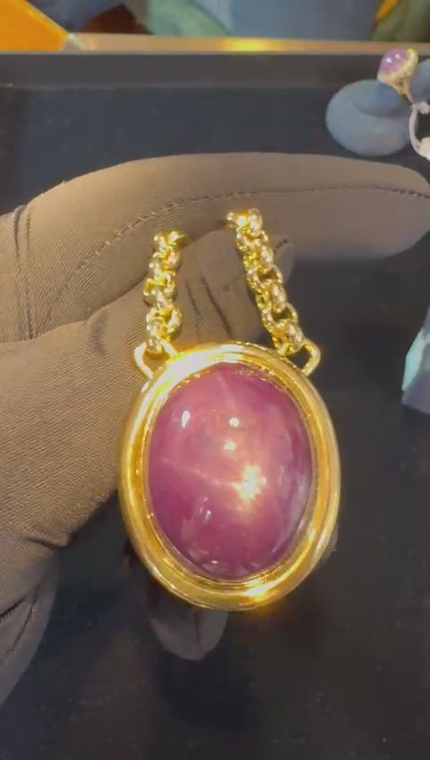 155.48 Carat No-Heat Purple Star Sapphire 18K Gold Bezel Pendant Necklace