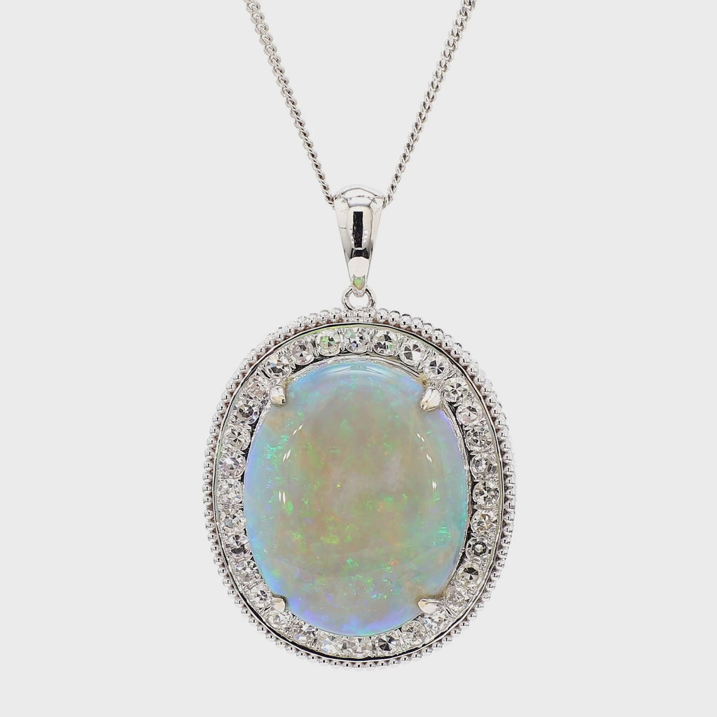 17.59 Carat White Opal & Diamond Halo Milgrain 18K White Gold Vintage Pendant