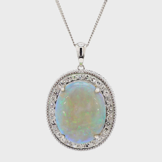 17.59 Carat White Opal & Diamond Halo Milgrain 18K White Gold Vintage Pendant