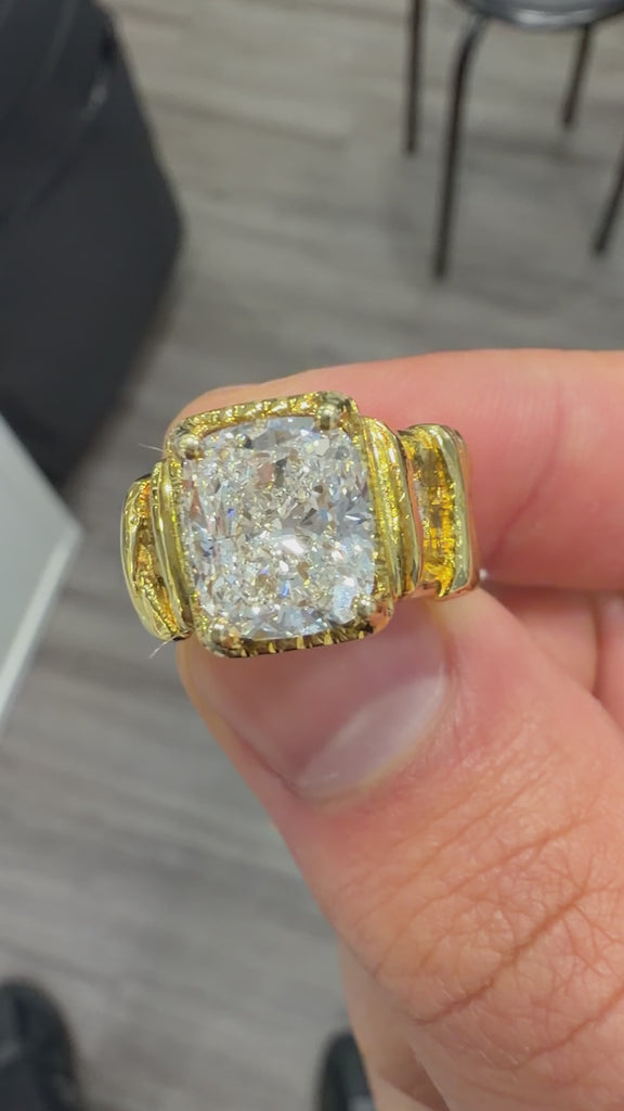 IGI 4.22 Carat Lab Cushion Diamond Misani 18K Gold Bark Texture Ring