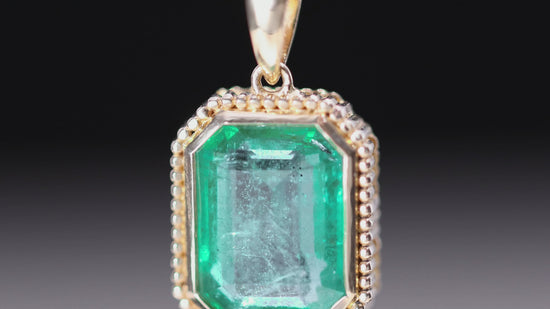 3.47 Carat Emerald Cut Emerald Milgrain Bezel 18K Yellow Gold Pendant Necklace