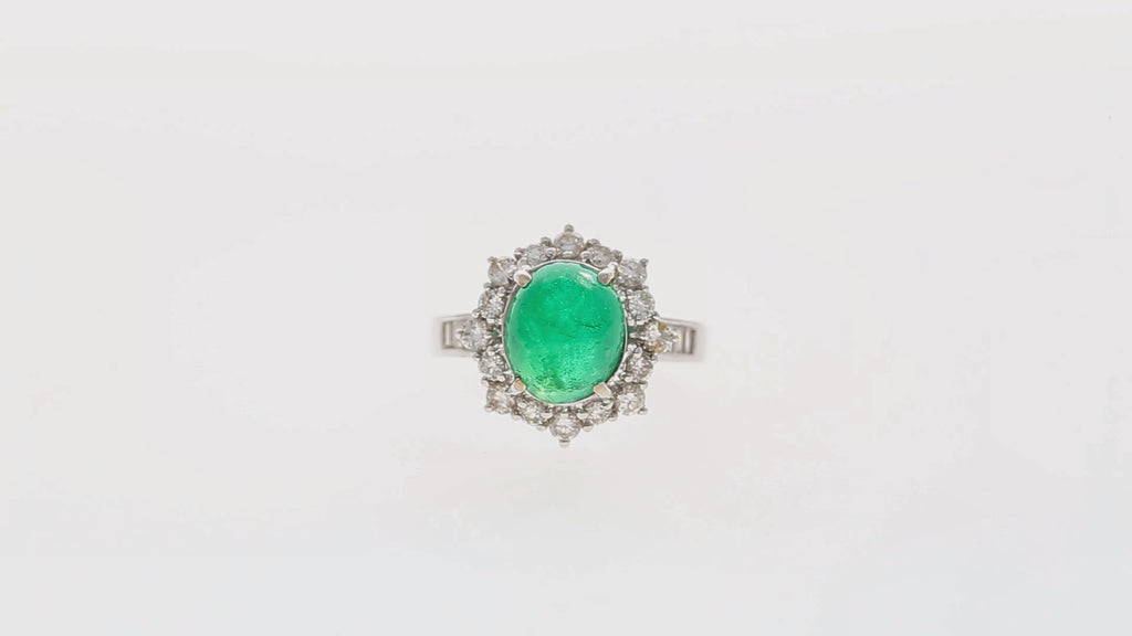 Vintage 3.32 Carat Cabochon Emerald and Diamond Halo Ring in 14K White Gold