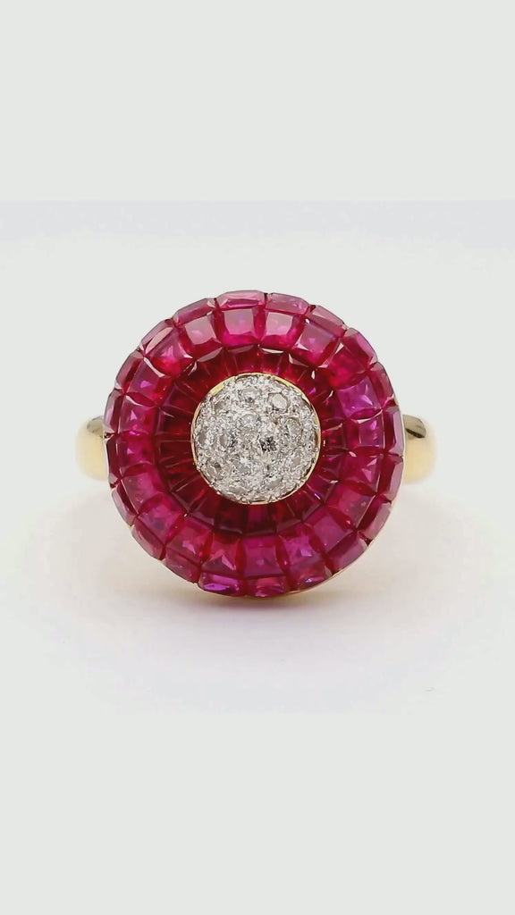 3 Carat Square Ruby and Diamond 18K Gold Button Cocktail Ring
