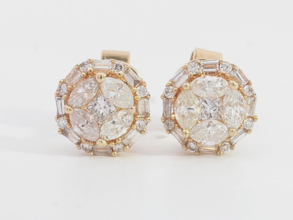 18K Gold 0.72 Carat Natural Diamond Cluster Illusion Set Round Stud Earrings