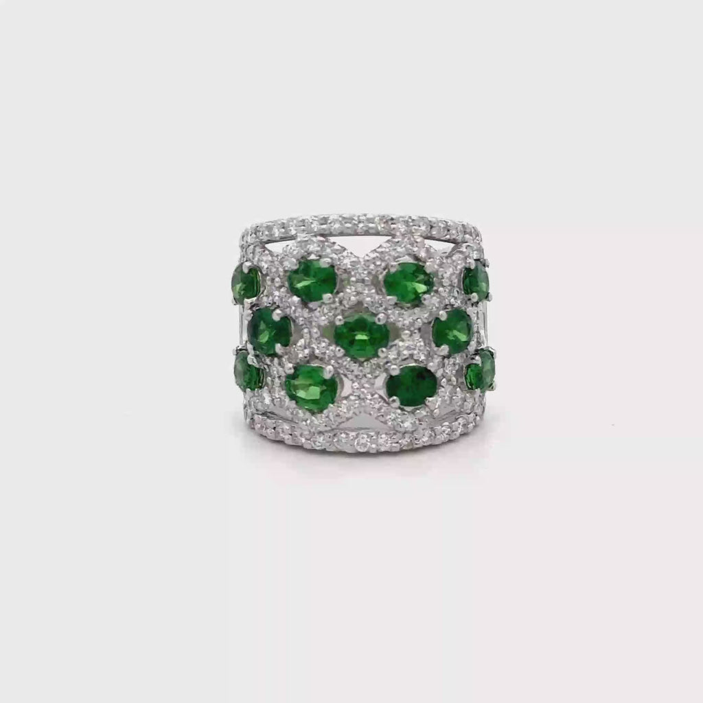 3.25 Carat Tsavorite Garnet & Diamond Platinum Wavy Wide Band Ring