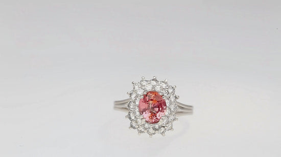 GIA Certified 1.63 Carat Padparadscha Sapphire and Diamond Halo Set Cluster Ring