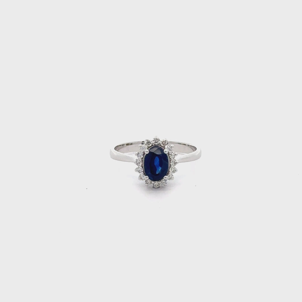 1.16 Carat Oval Blue Sapphire & Diamond Halo 18K White Gold Ring