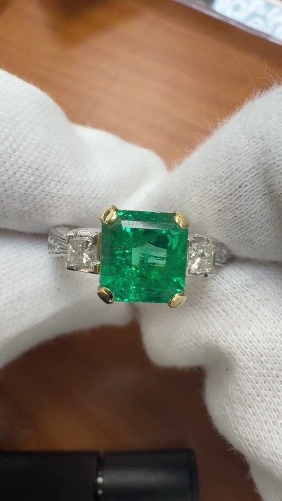 GIA Certified 3.38 Carat Colombian Emerald & Diamond Filigree Three Stone Ring
