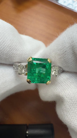 GIA Certified 3.38 Carat Colombian Emerald & Diamond Filigree Three Stone Ring