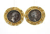 Ancient Greek Coin & Round Cut Diamond Bezel Set in 22K Yellow Gold Earrings