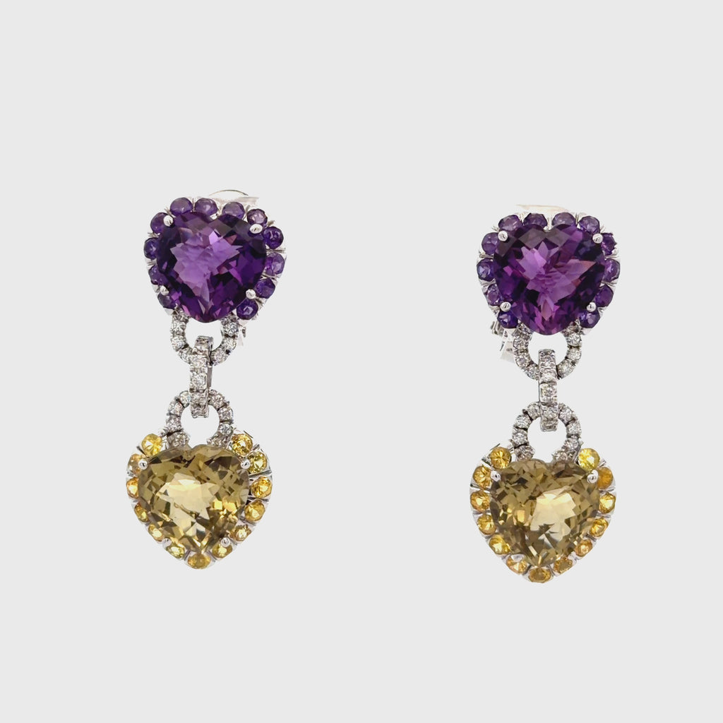 Citrine Amethyst Diamond Heart in 18K White Gold Necklace & Earring Set