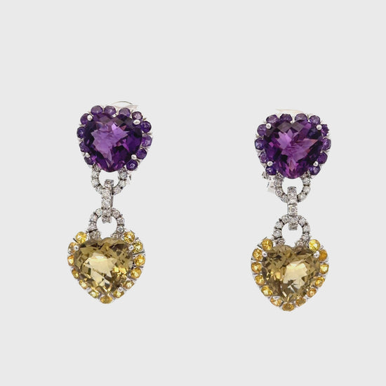 Citrine Amethyst Diamond Heart in 18K White Gold Necklace & Earring Set