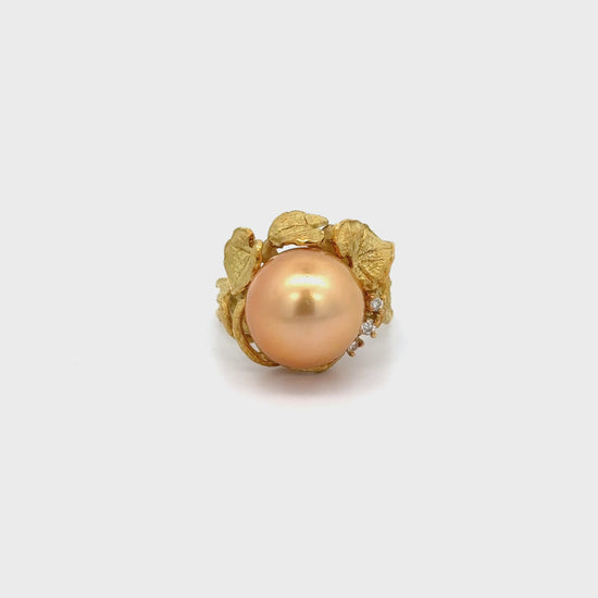 12.8mm Golden South Sea Pearl and Round Cut Diamonds Ring in 18k Yellow Gold