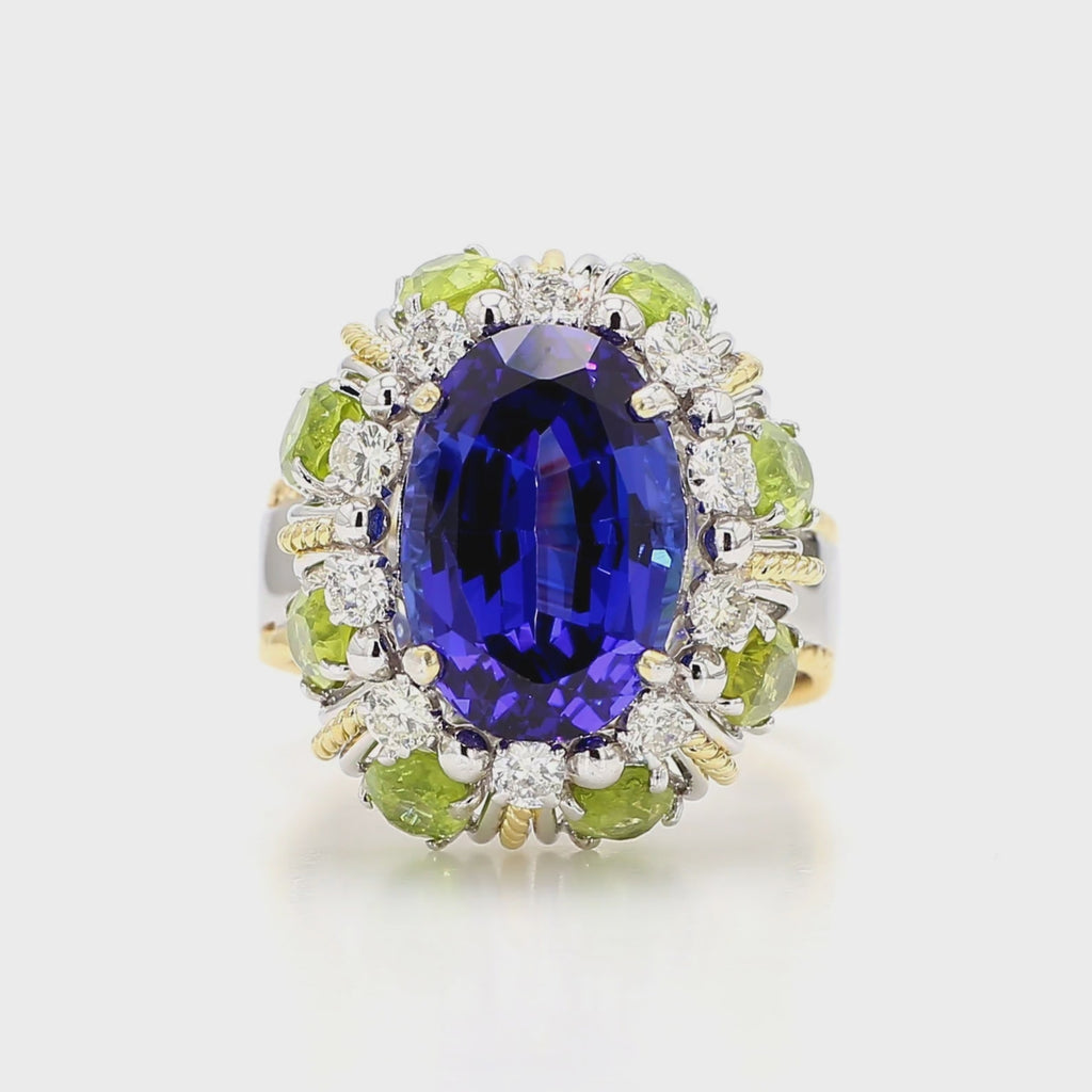 15.62 Carat Tanzanite, Peridot, Diamond Halo 18K White Gold Cluster Ring