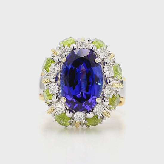 15.62 Carat Tanzanite, Peridot, Diamond Halo 18K White Gold Cluster Ring