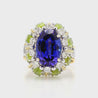 15.62 Carat Tanzanite, Peridot, Diamond Halo 18K White Gold Cluster Ring