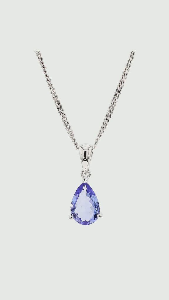 Natural 2 Carat Pear Cut Tanzanite in 18K White Gold Teardrop Pendant Necklace