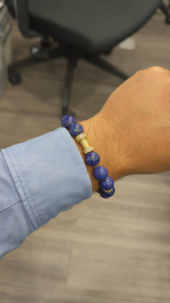 Natural Lapis Lazuli 15 Bead 52 Diamond Rondelle 18K Gold 8 Inch Bracelet