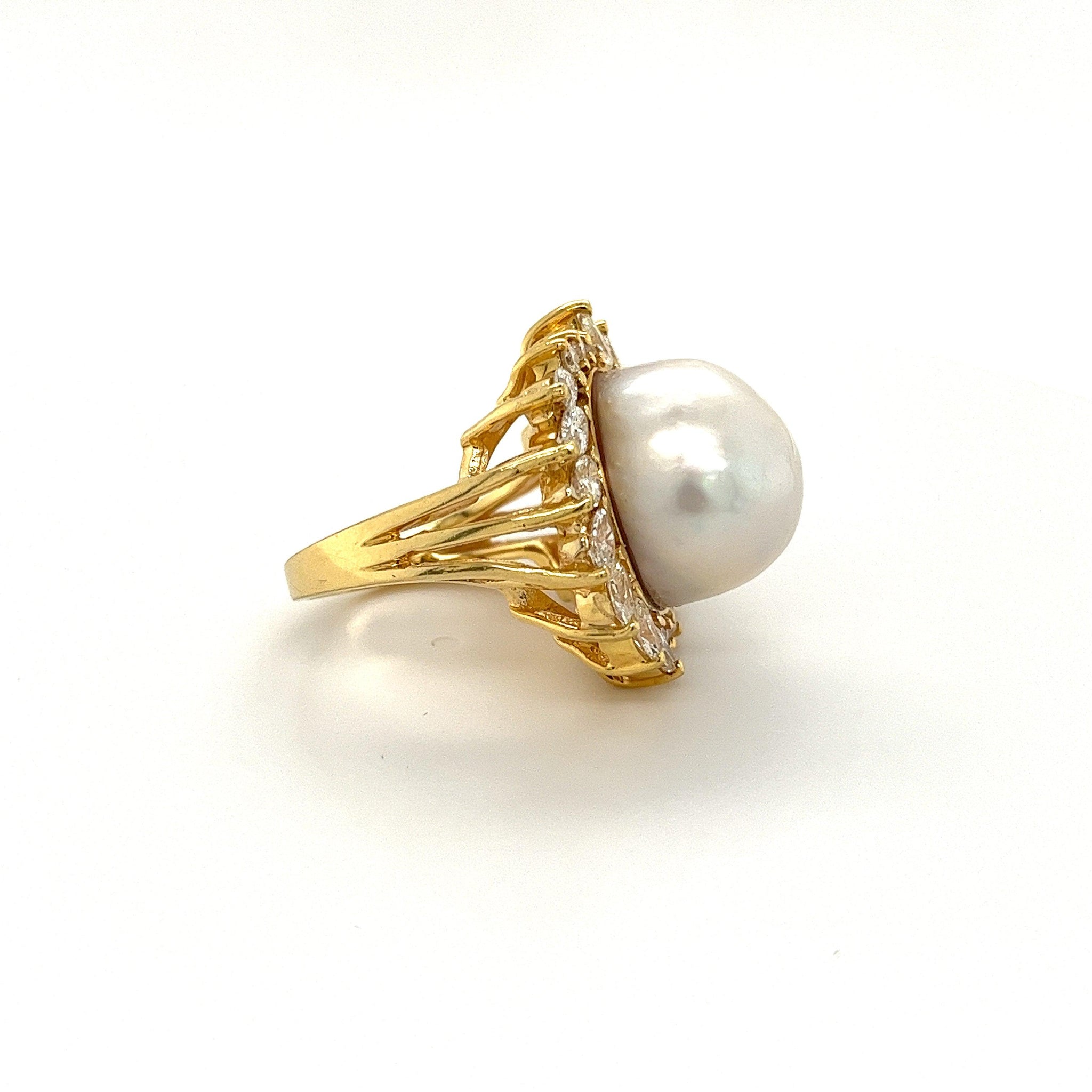 16mm South Sea Pearl and Marquise Cut Diamond Halo in 18k Gold Ring